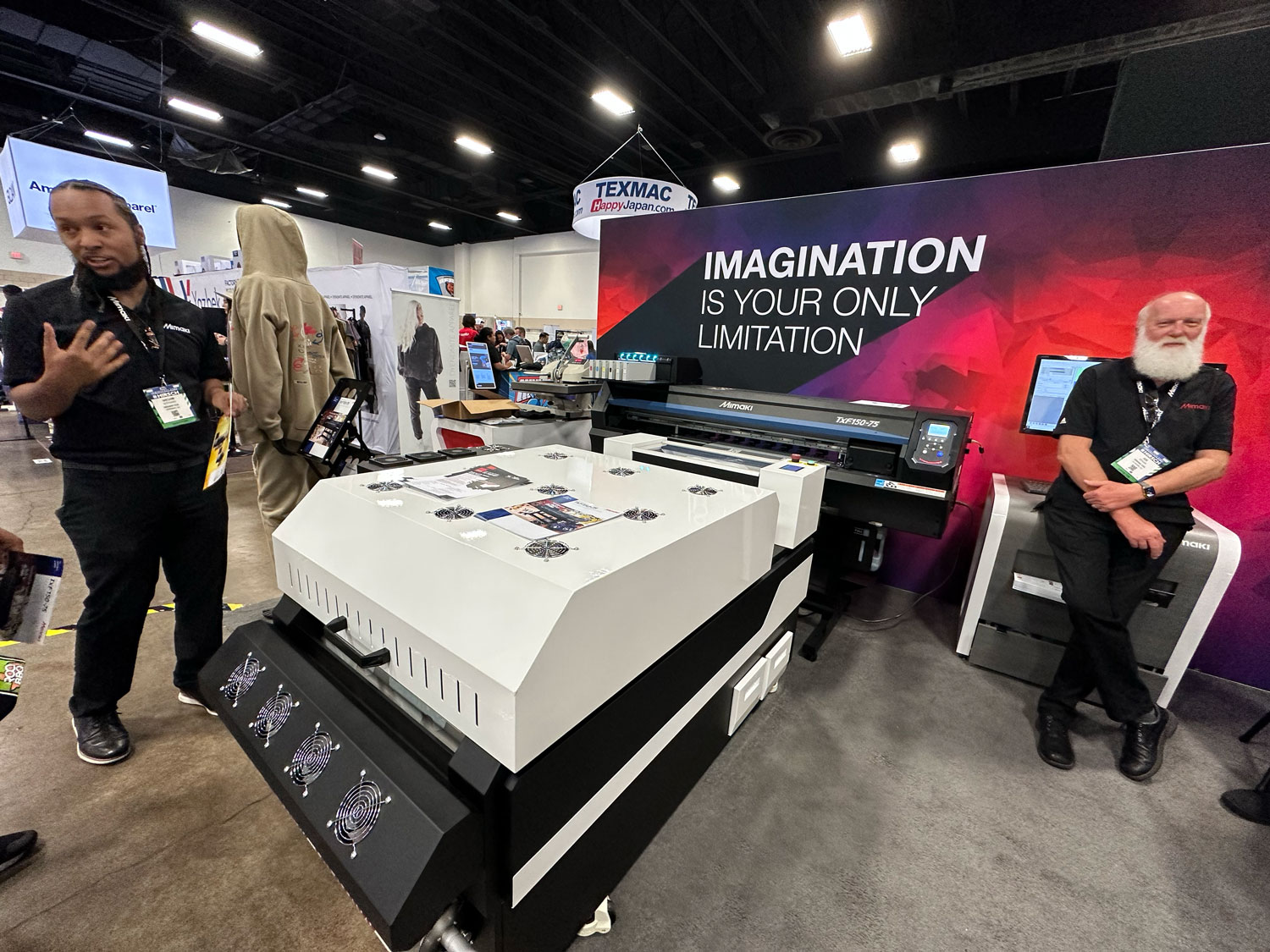 Mimaki showcased its 31.5-inch TxF150-75 direct-to-film inkjet press. The machine is Mimaki’s first DTF inkjet printer for the textile and apparel printing market. Learn more about the printer here.
