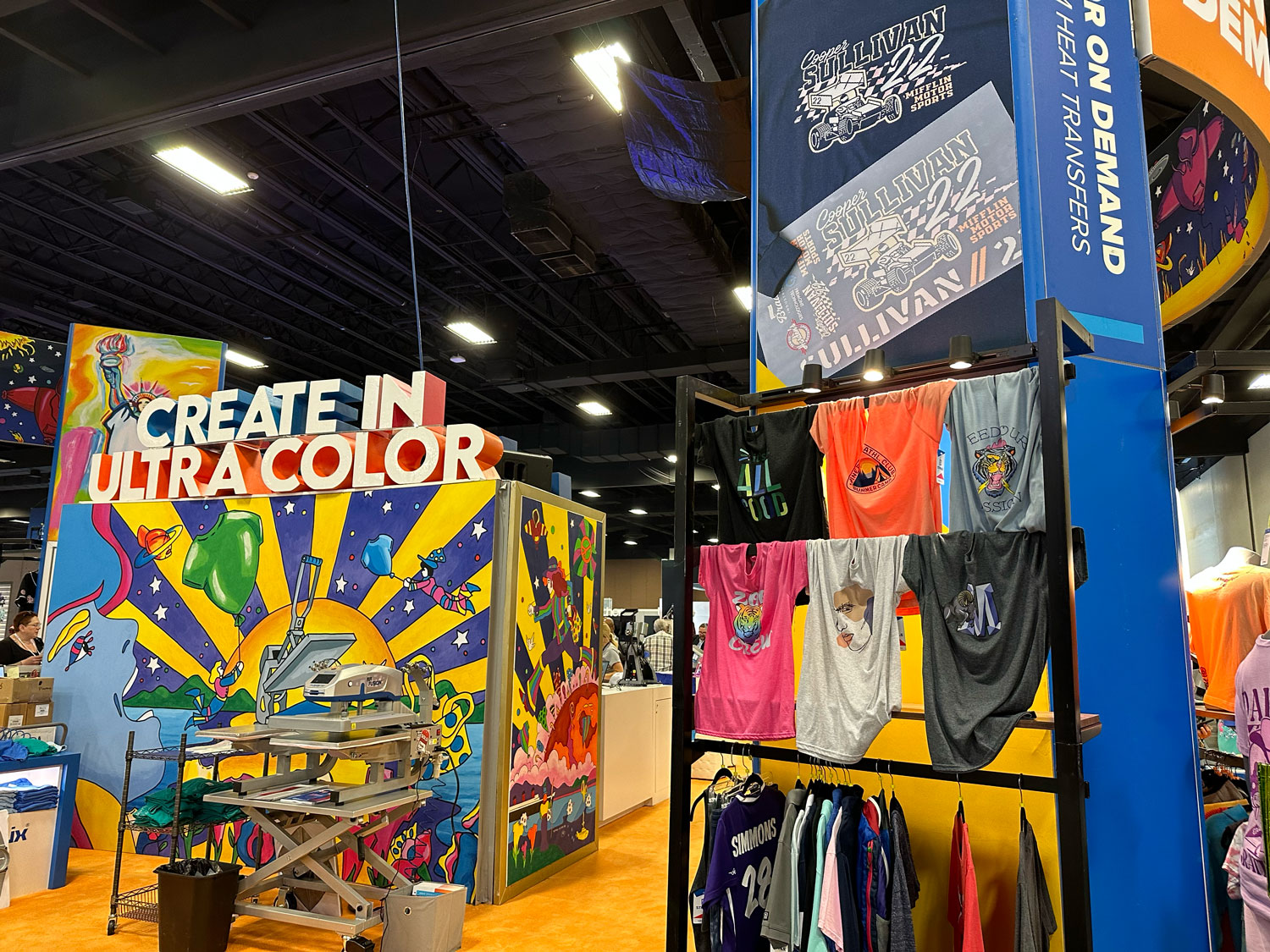 Stahls’ Transfer Express manufactures custom heat applied transfers that apply with a heat press to apparel and more. The company also distributes Hotronix and Maxx heat presses, which were on display and in action at the Fort Worth booth.