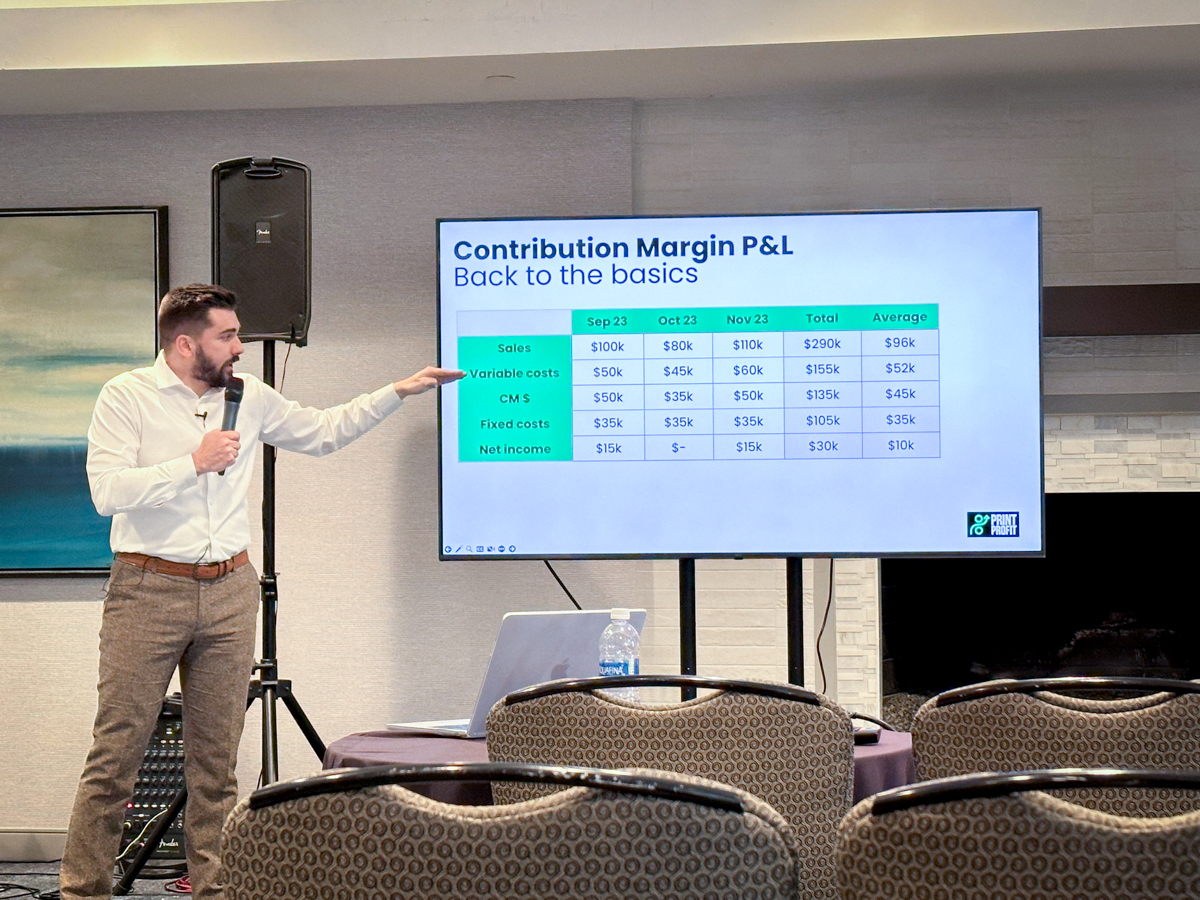 In Nick's “Stairway to Profit Heaven” session he said you should go back to the basics. Variable costs include materials, sales commission, shipping costs, and outside purchases; fixed costs are everything else.