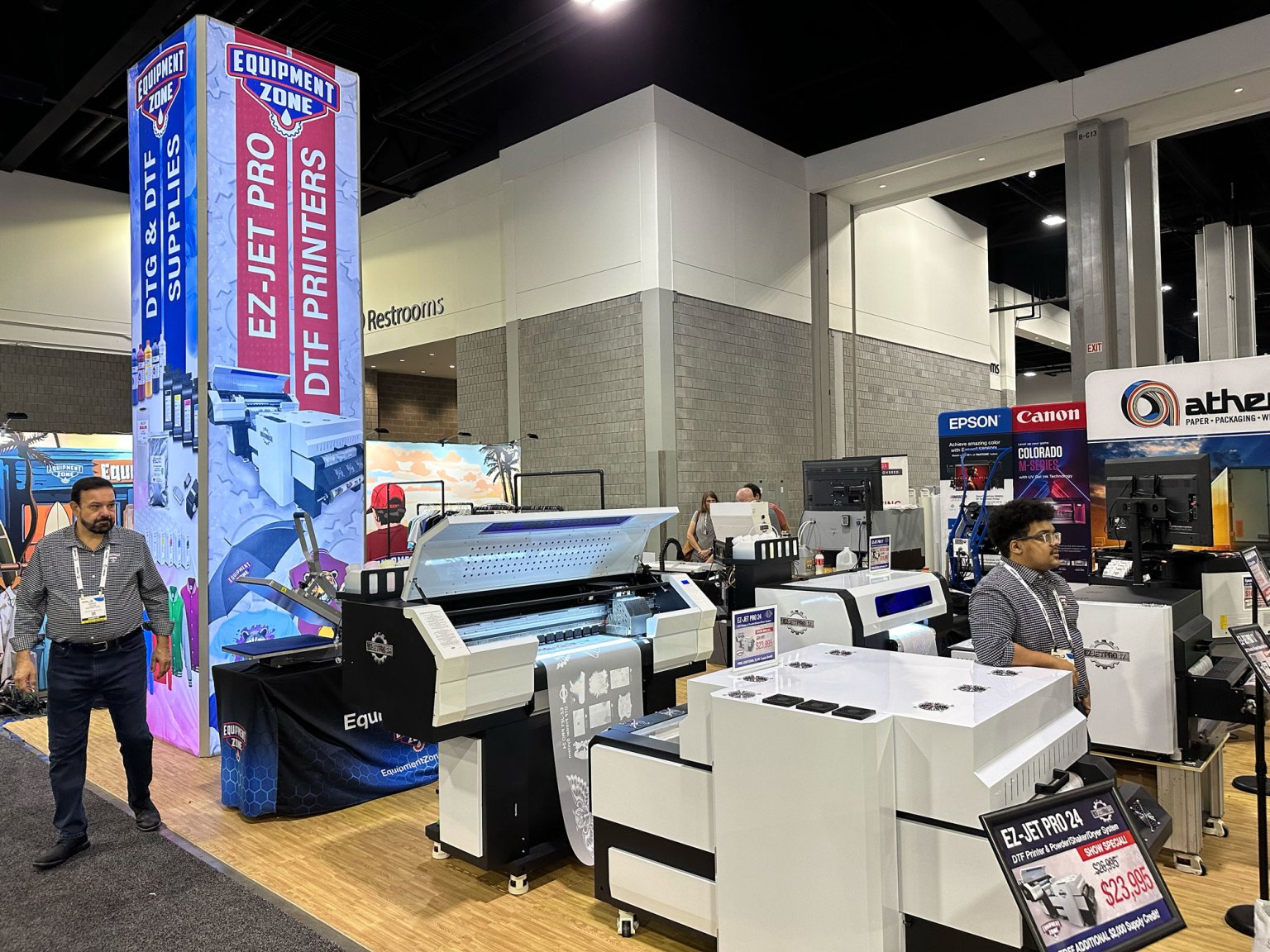Equipment Zone displayed its EZ-Jet Pro 24 direct-to-film printer with powder applicator/shaker/dryer units. You can learn more about the machine here.