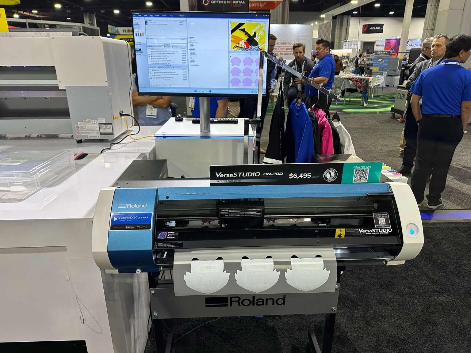 Roland DG displayed its 19-in. VersaStudio BN-20D desktop direct-to-film printer. Dan Wilson, VP of Marketing and Customer Development, Roland DG, says the machine is perfect for SOHO: small office/home office. Learn more about the DTF printer here.