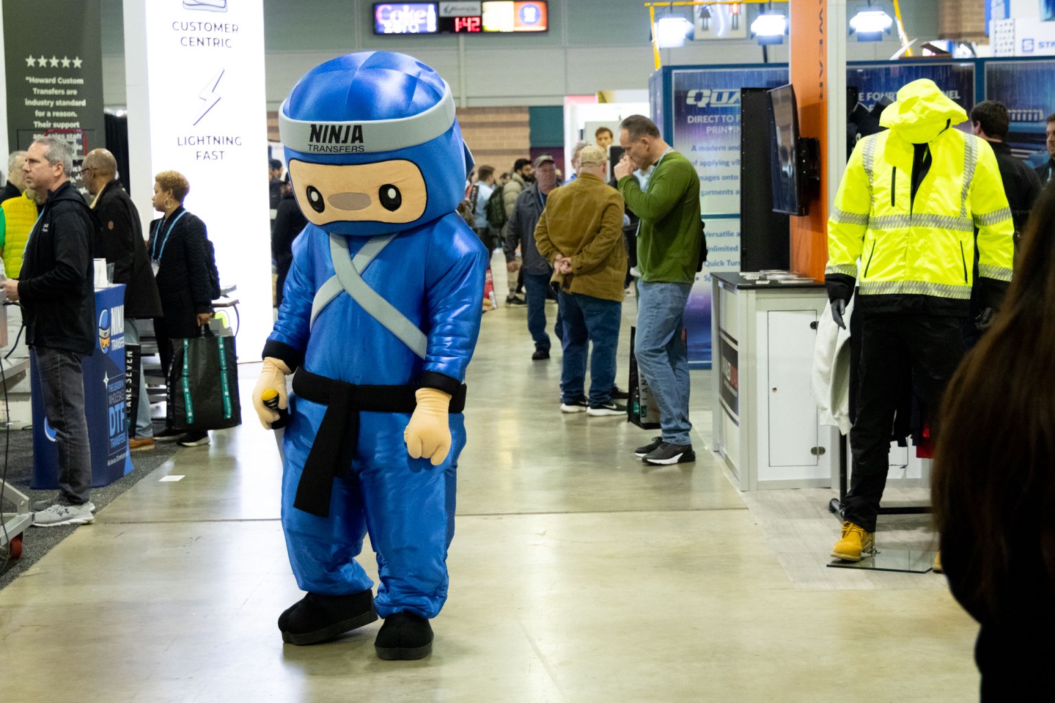The Ninja Transfers mascot hyped up attendees on the show floor during the three-day event.