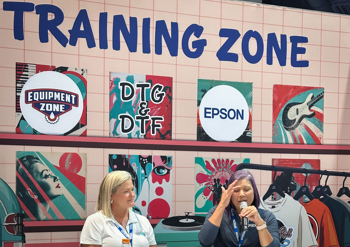 Kim Johnson of Paisley Jo Designs joined Lily Hunter from Epson to discuss DTF and DTG at the Equipment Zone booth in the Apparel Zone. Listen to Kim’s episode of the DTF Printing Podcast here.