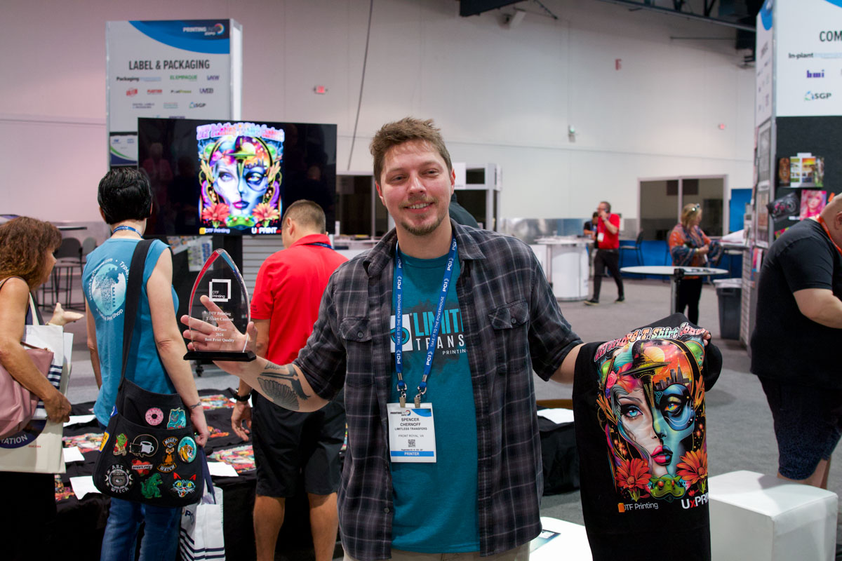 Congratulations to Spencer Chernoff, founder of Limitless Transfers in Front Royal, Virginia, winner of the DTF Printing T-Shirt Contest! Stay tuned for the video of the awards ceremony, more pictures of the printed T-shirts, and comments from the judges.