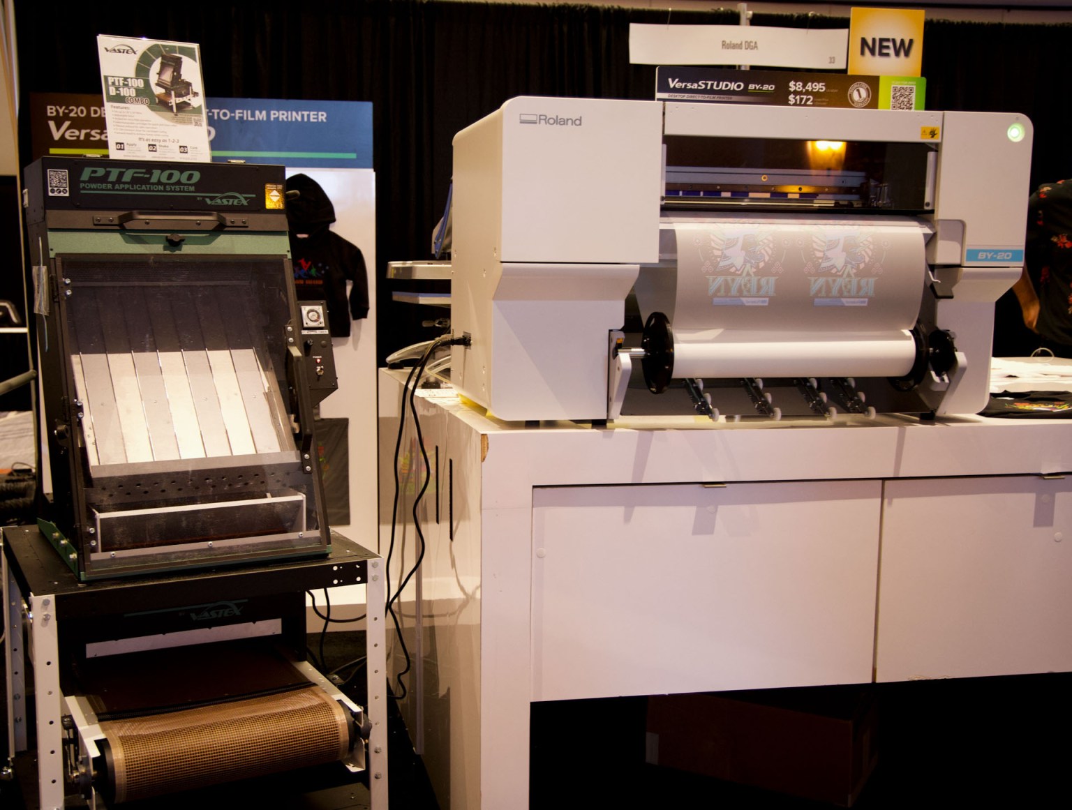Roland DG showed off its latest DGA BY-20 desktop direct-to-film water-based printer alongside Vastex’s DTF Powder-to-Film system. Both companies are focused on DTF safety for printers bringing equipment in-house.