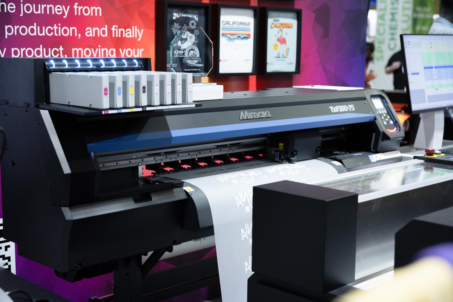 The TxF300-75 direct-to-film printer was on display at Mimaki’s booth. The two-head TxF300-75 DTF printer caters to a diverse set of printing demands, caters to a wider range of fabric such as cotton, mixed fabric, polyester, and dark coloured fabrics, and is designed for large companies requiring high-quality outputs with high productivity. Read more about the DTF printer here.