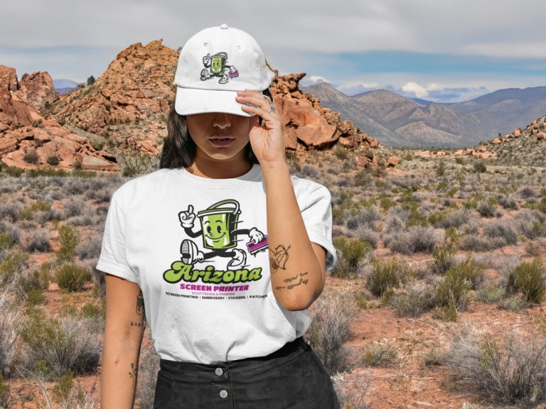 portrait of young beautiful woman posing in arizona with custom printed shirt and cap 768x576